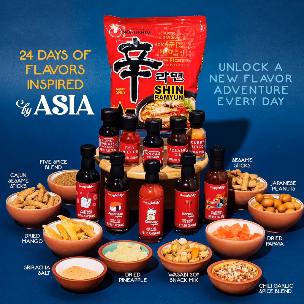 Labelled spread of the sauces, oils, snacks and dried fruit around a pack of Shin Ramyun