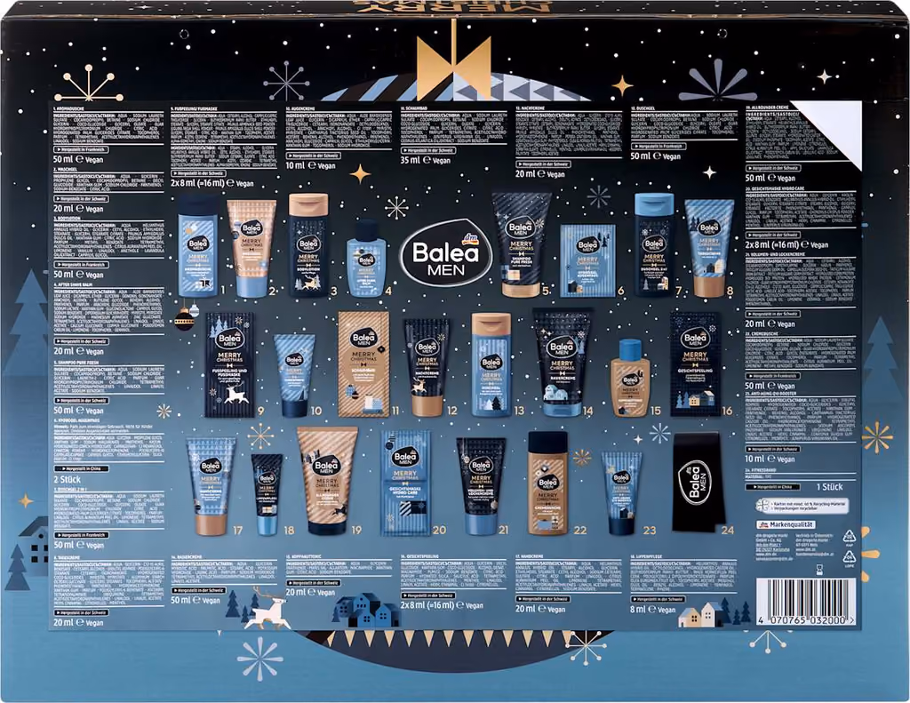 The back of the Balea Men box with its 24 products printed