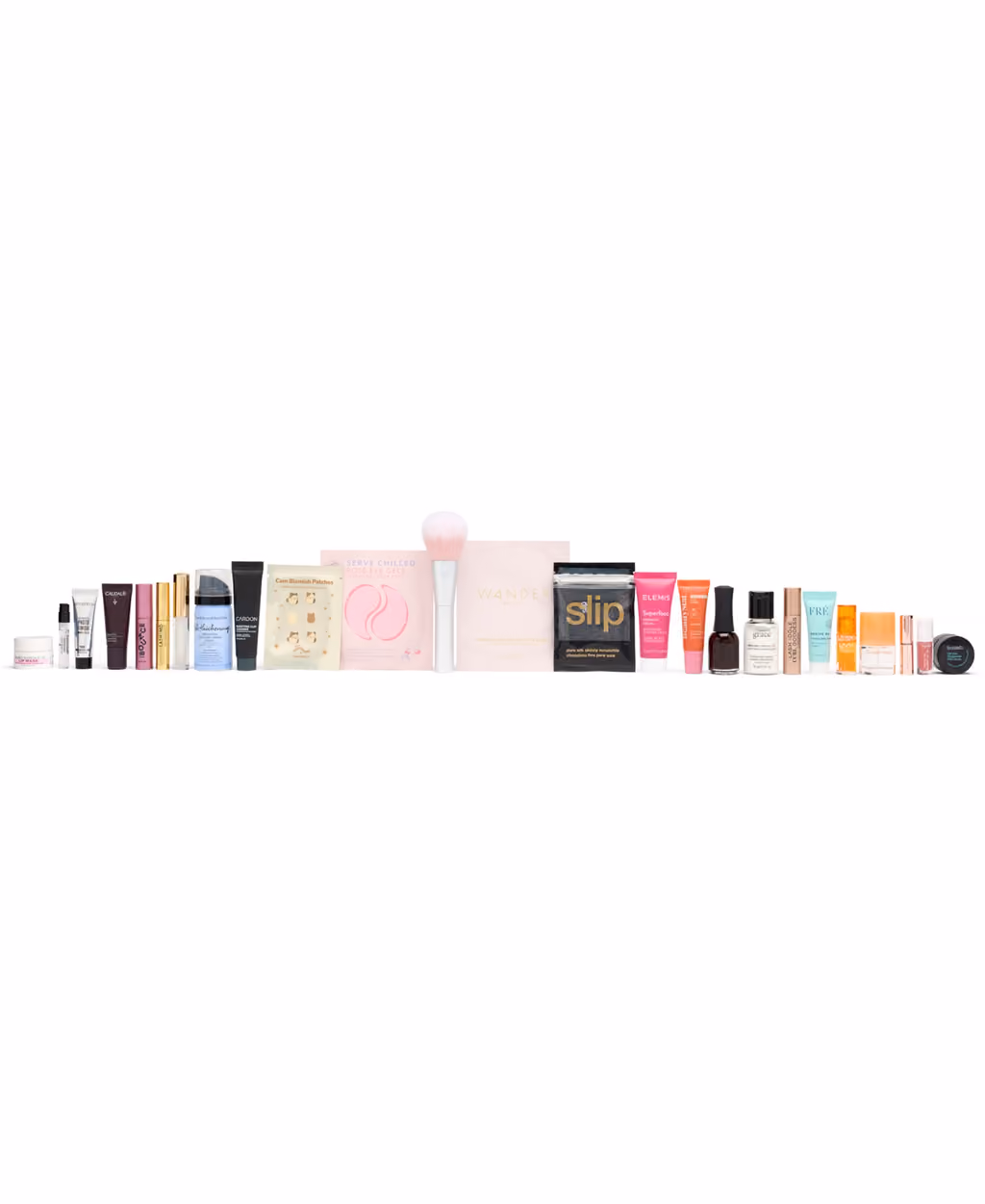 The 25 products from the box lined up in a row