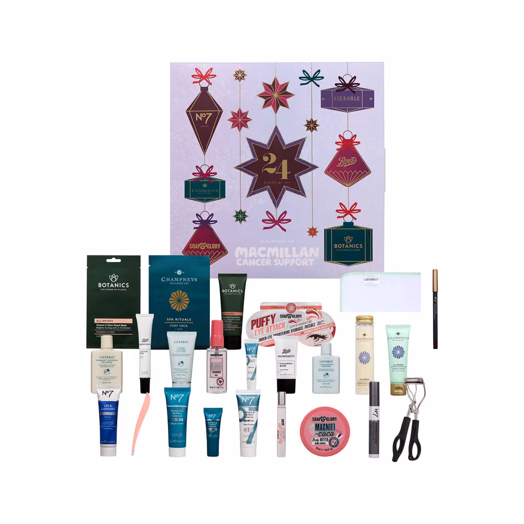 The Macmillan 24 Doors of Joy box with its products in front