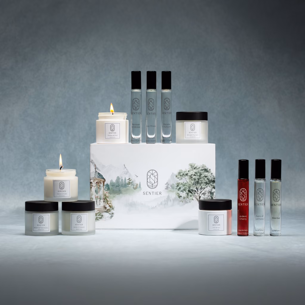 The white box with the six sprays and six candles arranged around it