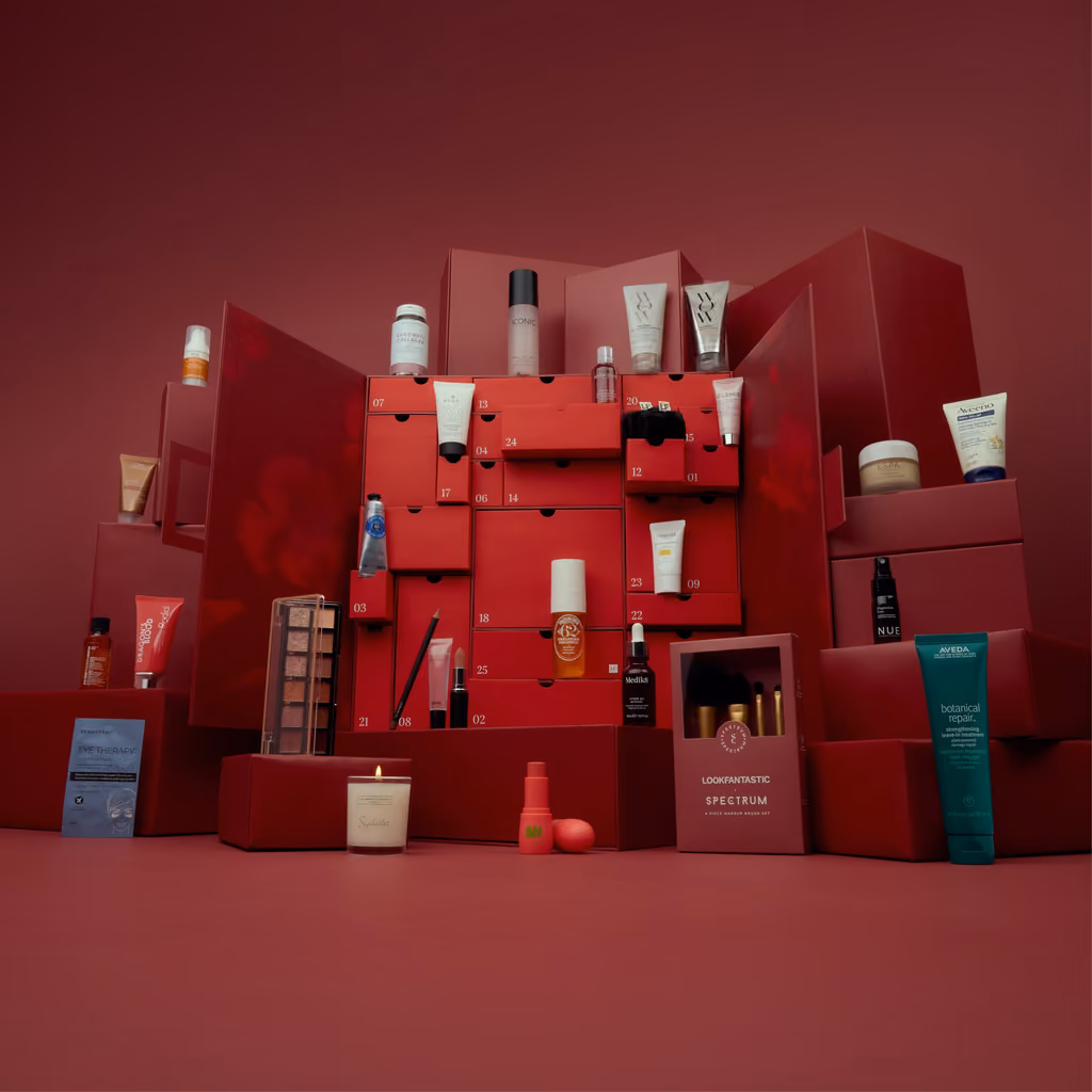 Lookfantastic Beauty Advent Calendar 2025 with the pieces in front