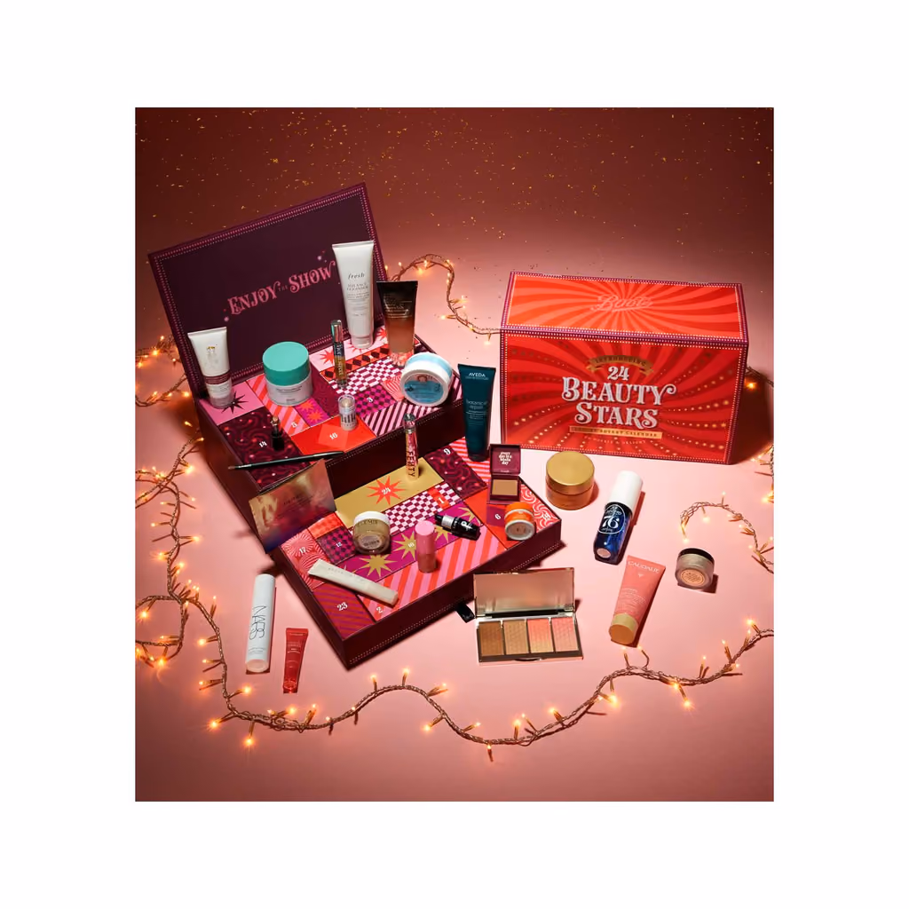 The 24 Beauty Stars box open with its 25 products laid out in front
