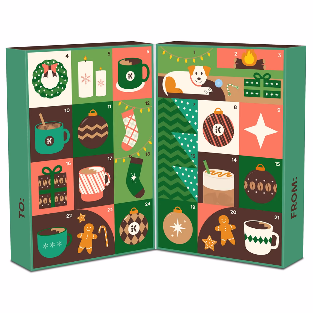 The Keurig 24 Cups of Cheer box open on its 24 illustrated doors