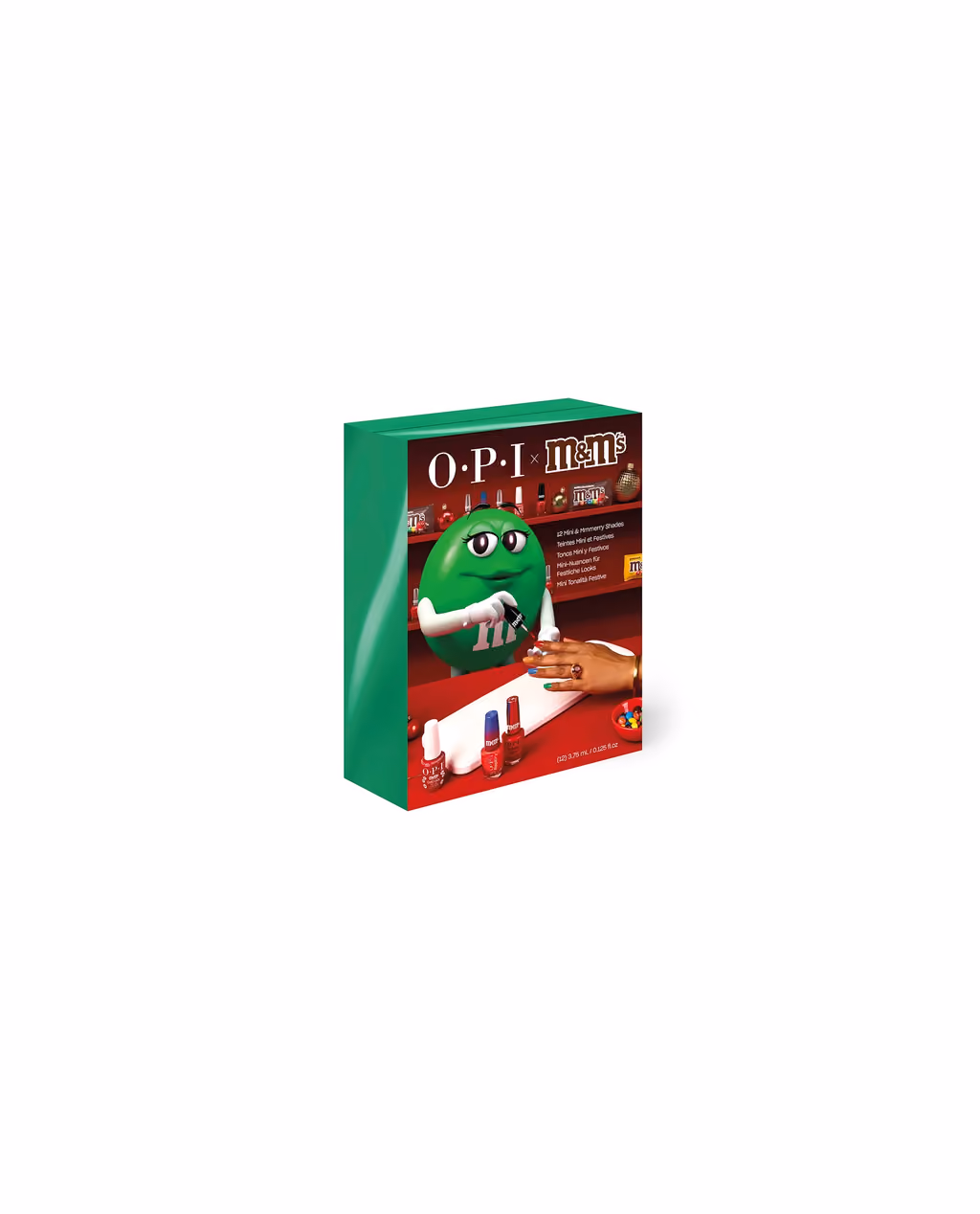 The closed OPI x M&M'S box at an angle, green side panel showing