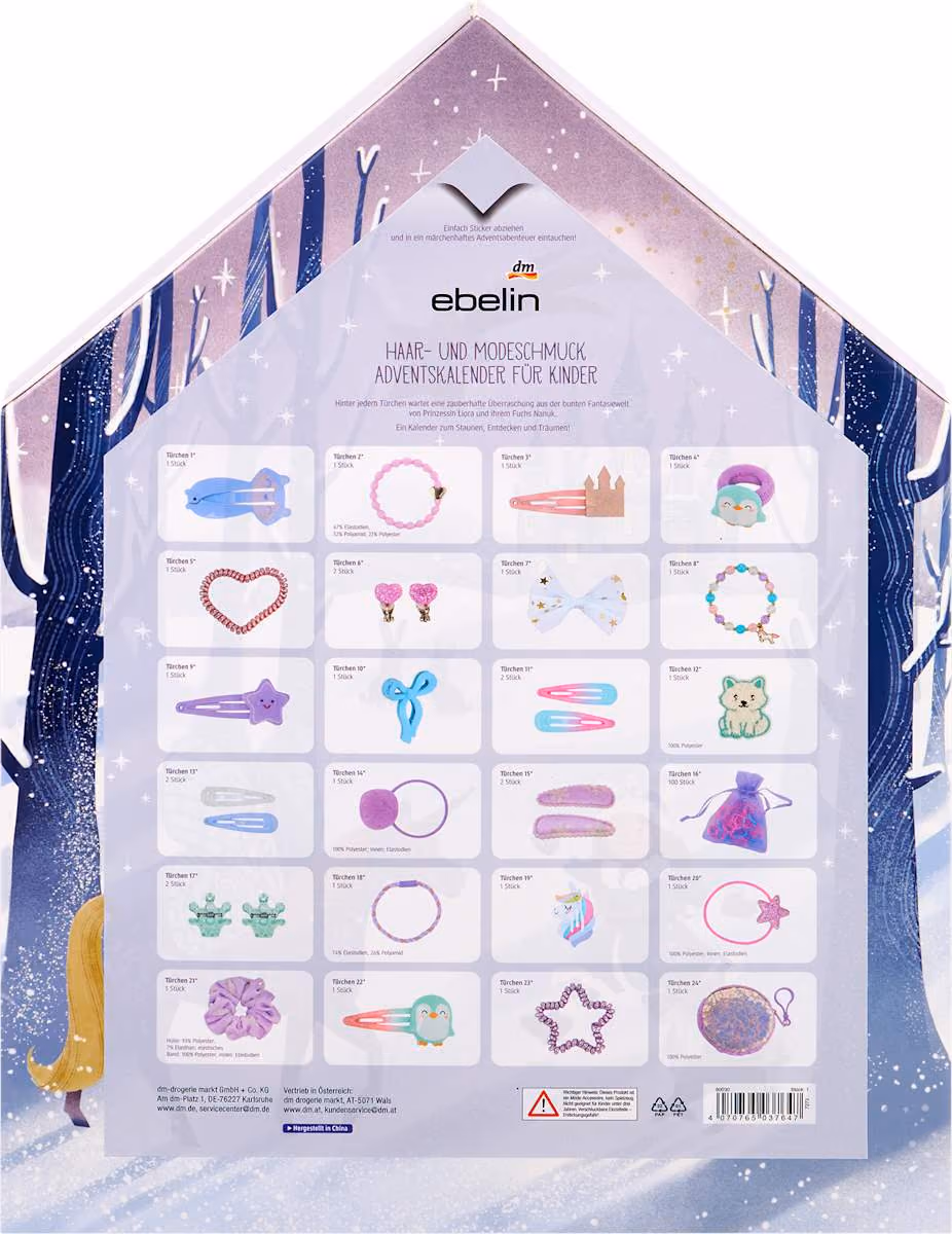 ebelin Kids hair accessories advent calendar 2026, the back panel with the 24 pictograms