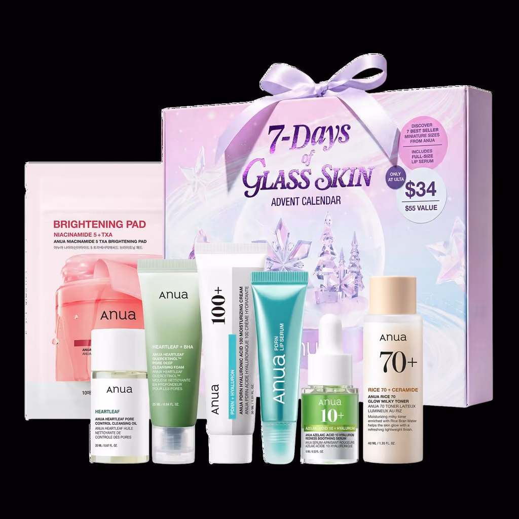 The seven Anua products in front of the lilac box