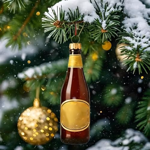 One of the miniature bottle replicas hung on a Christmas tree as an ornament