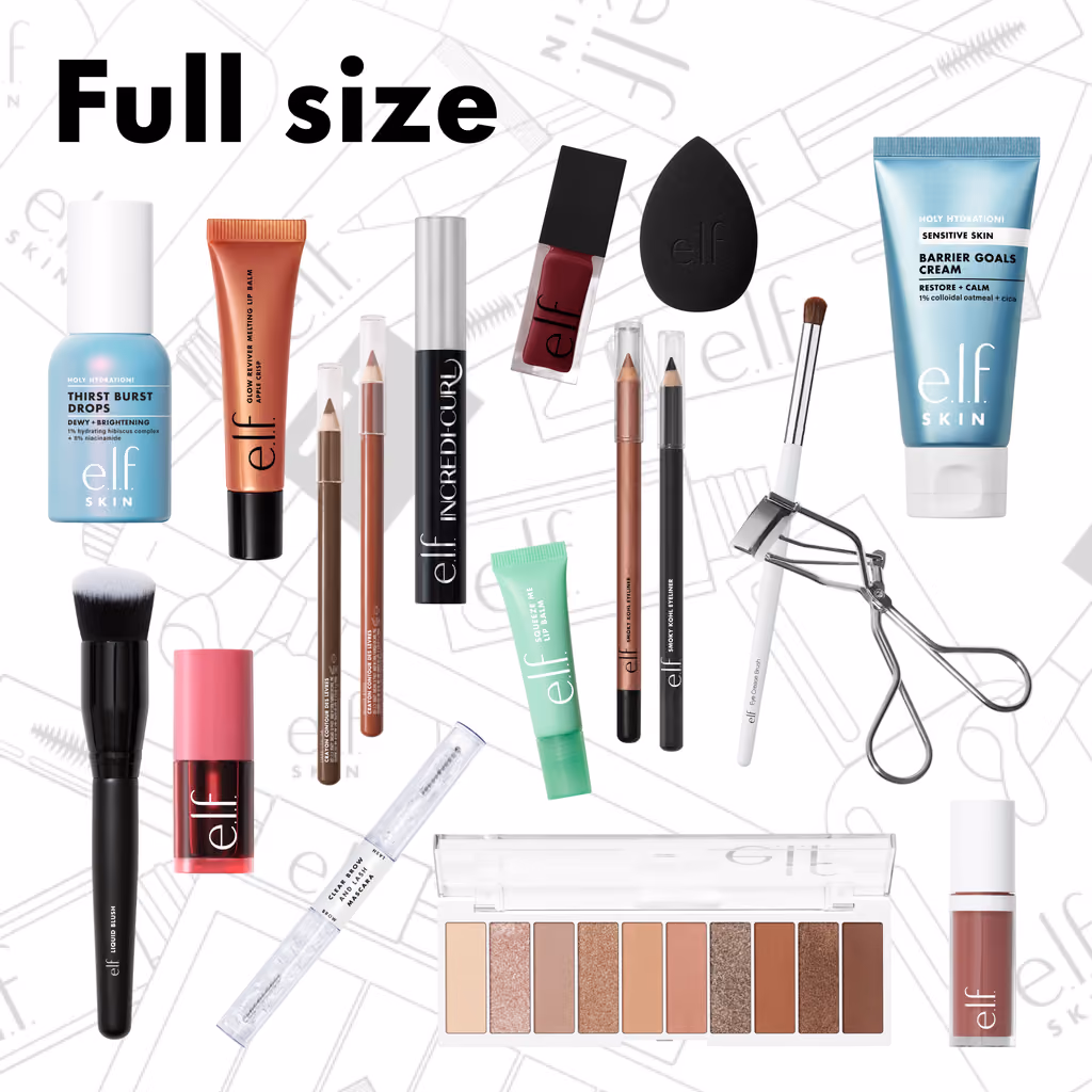 The full-size products: palette, brushes, sponge, eyelash curler, pencils and lip colours