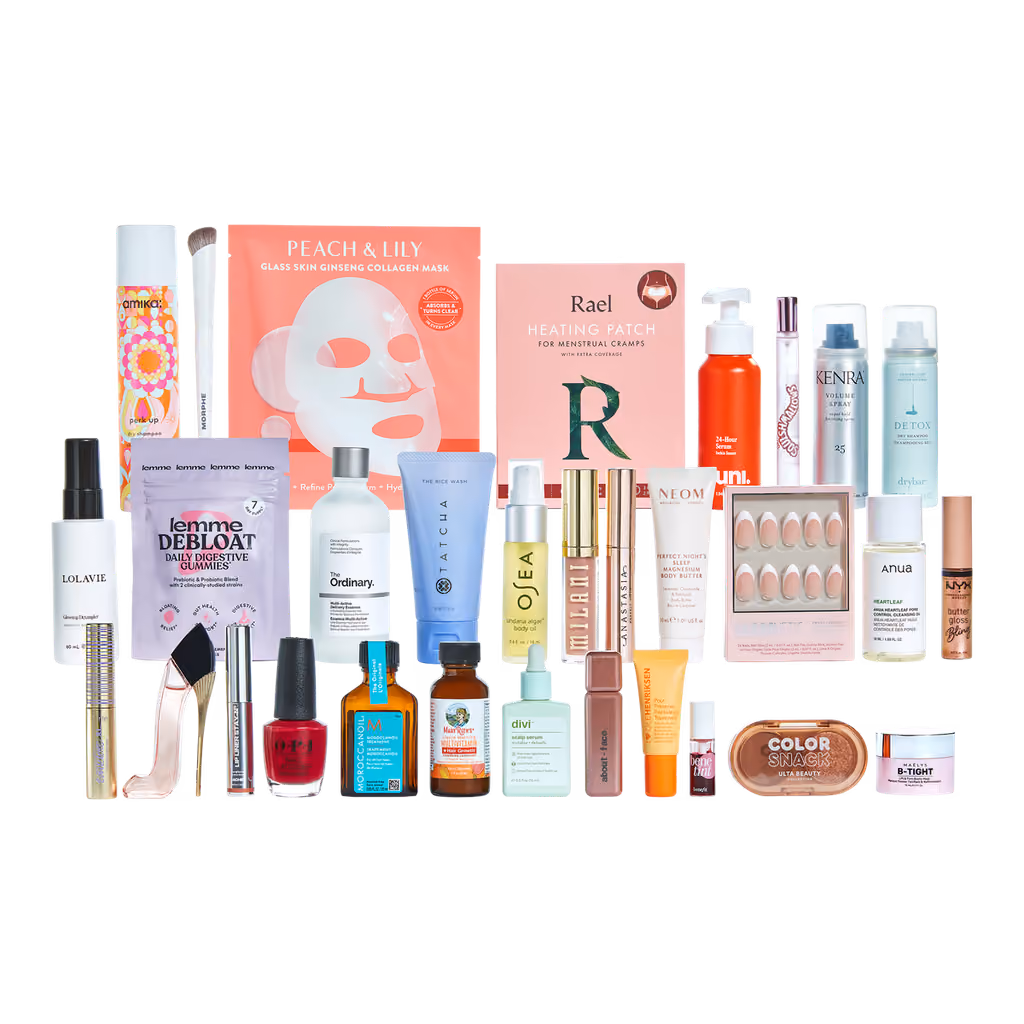 all the products lined up in rows without the box