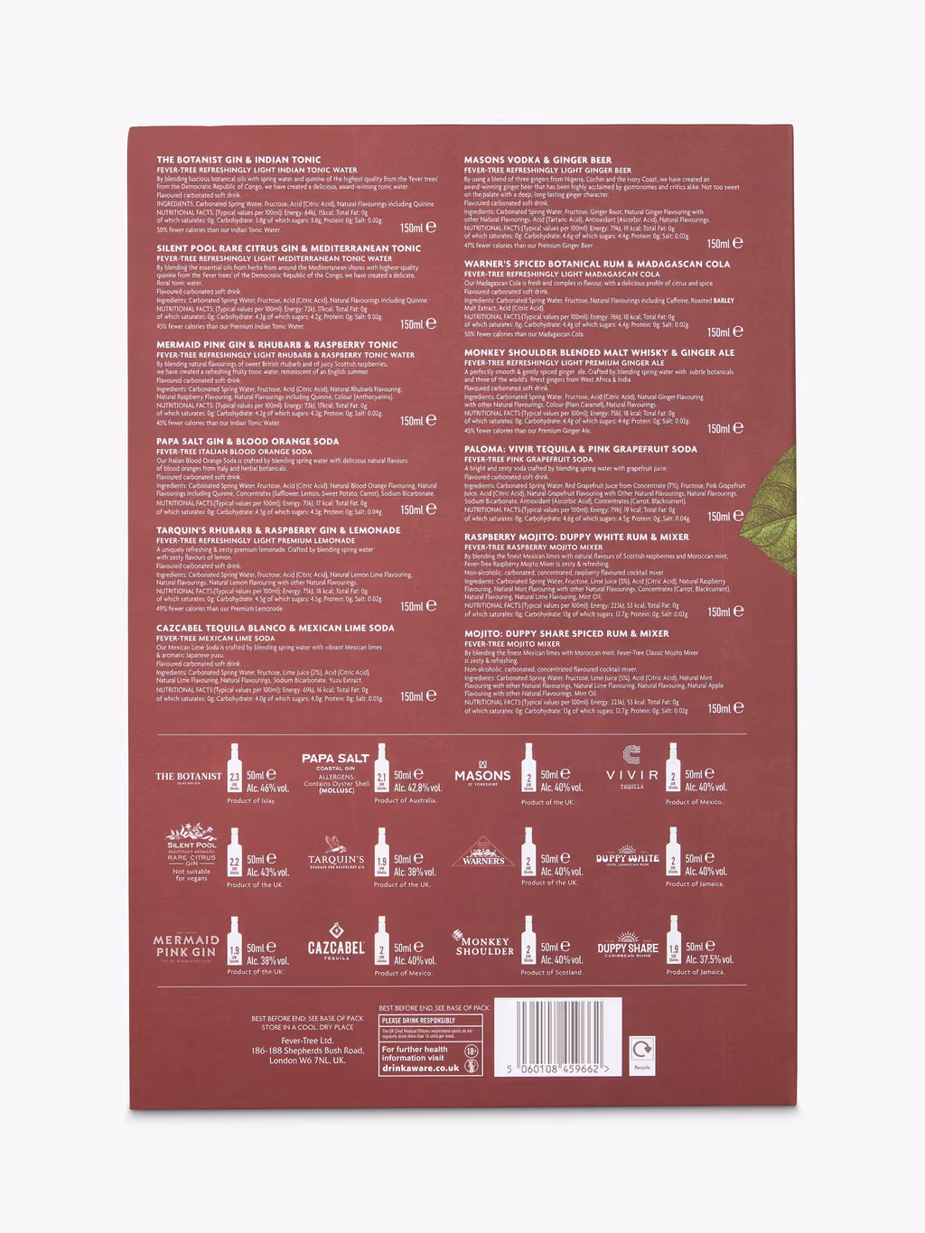 The back of the box listing the twelve spirit and mixer pairings