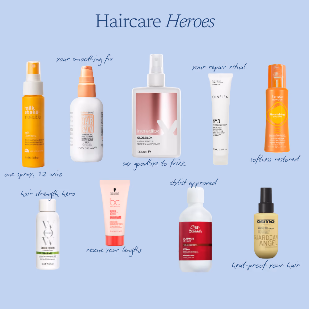 The nine haircare products on a blue ground