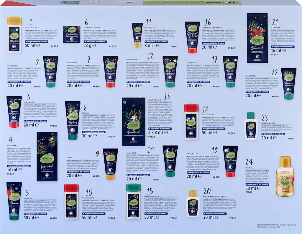 The back of the alverde box with its 24 products printed door by door
