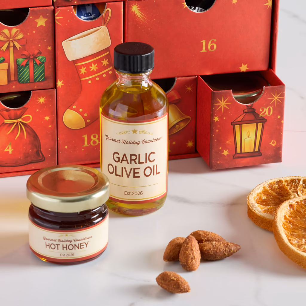 Hot honey and garlic olive oil beside the open drawers