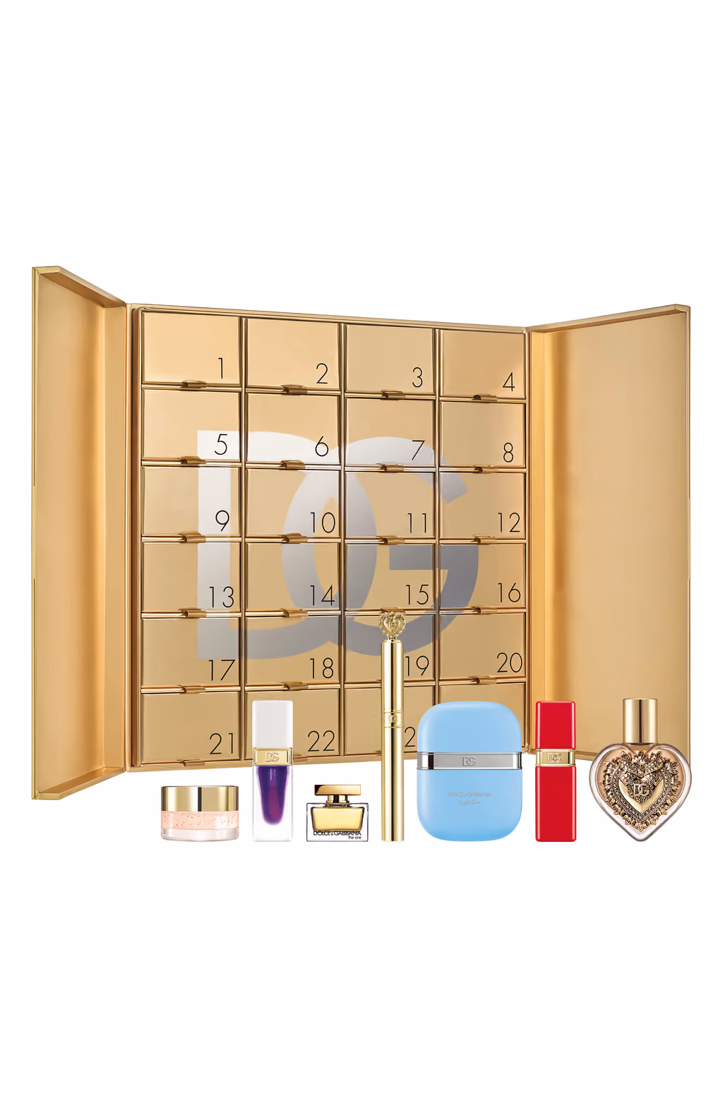 The gold box open on its compartments with perfumes, lipstick and a blue compact in front