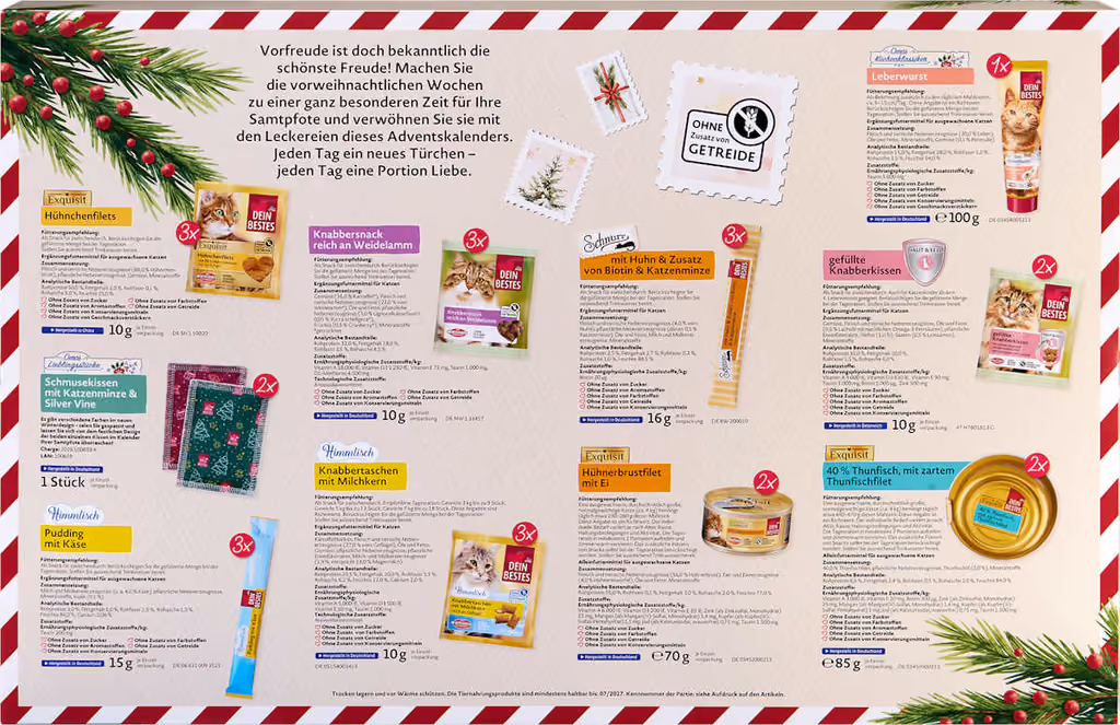 Dein Bestes cat advent calendar 2026, the back panel listing every item