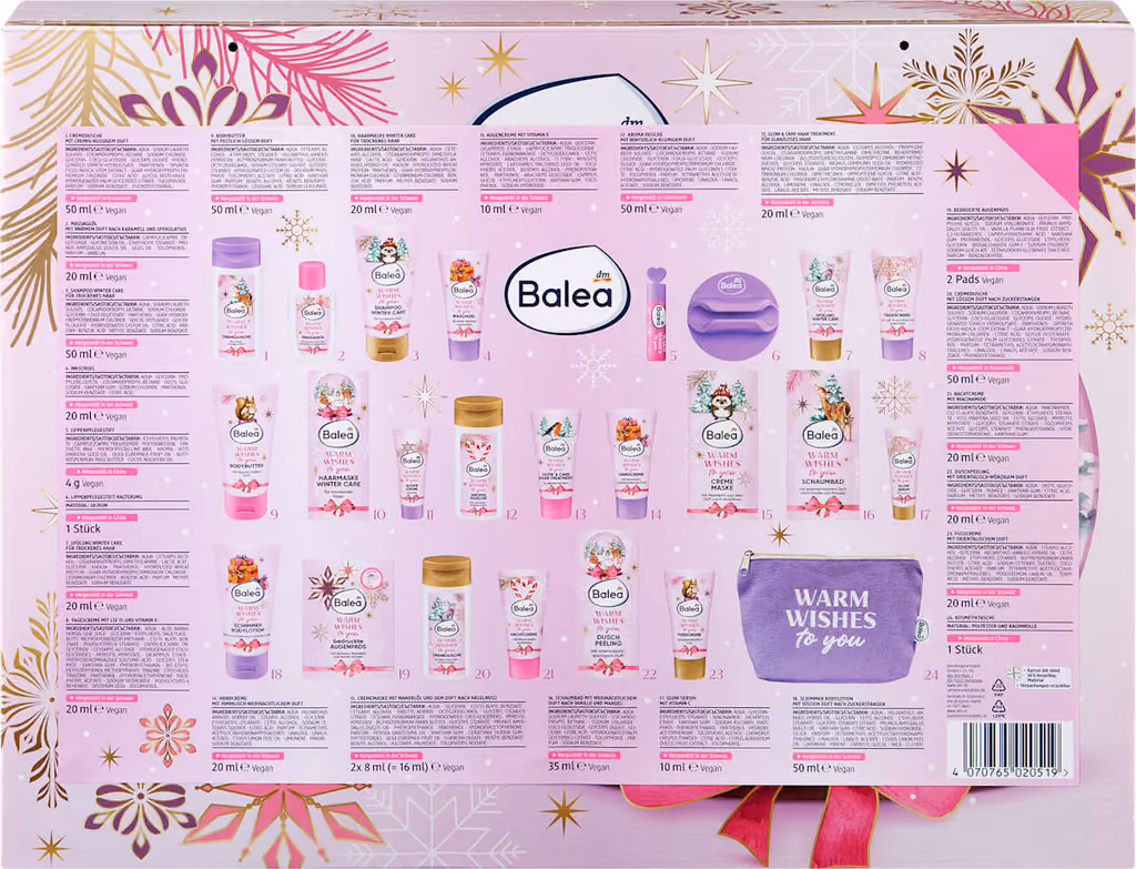 The back of the Warm Wishes box with its 24 products printed door by door