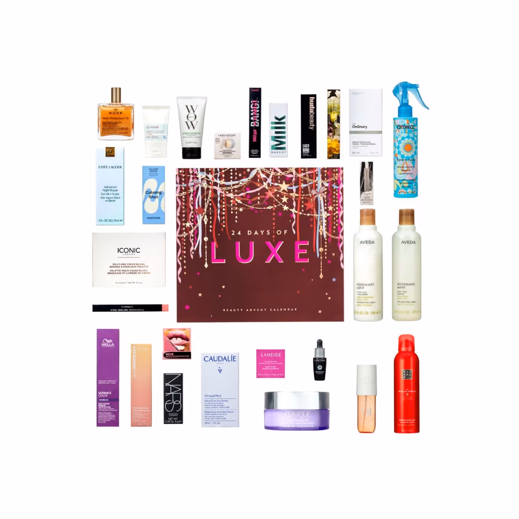 The 27 products laid out around the box
