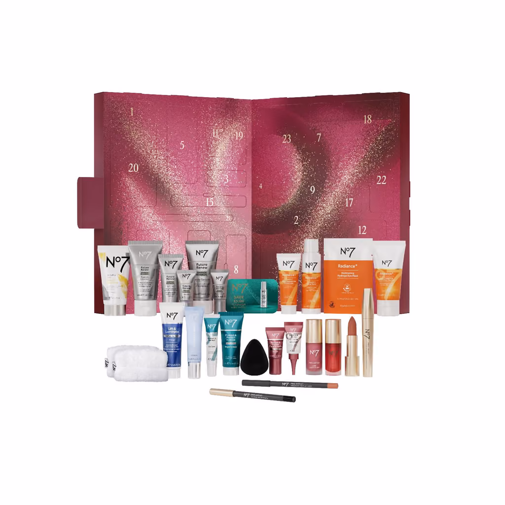 The calendar open, its numbered doors and the products in front