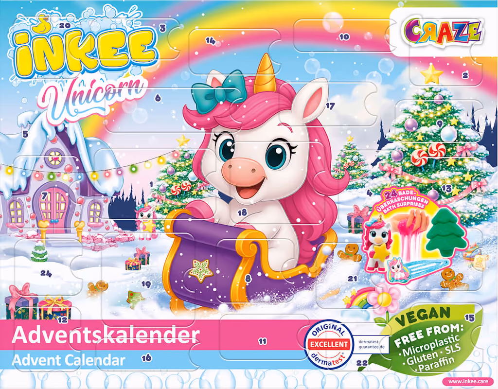 The front of the box with the unicorn in a sleigh and the 24 numbered doors