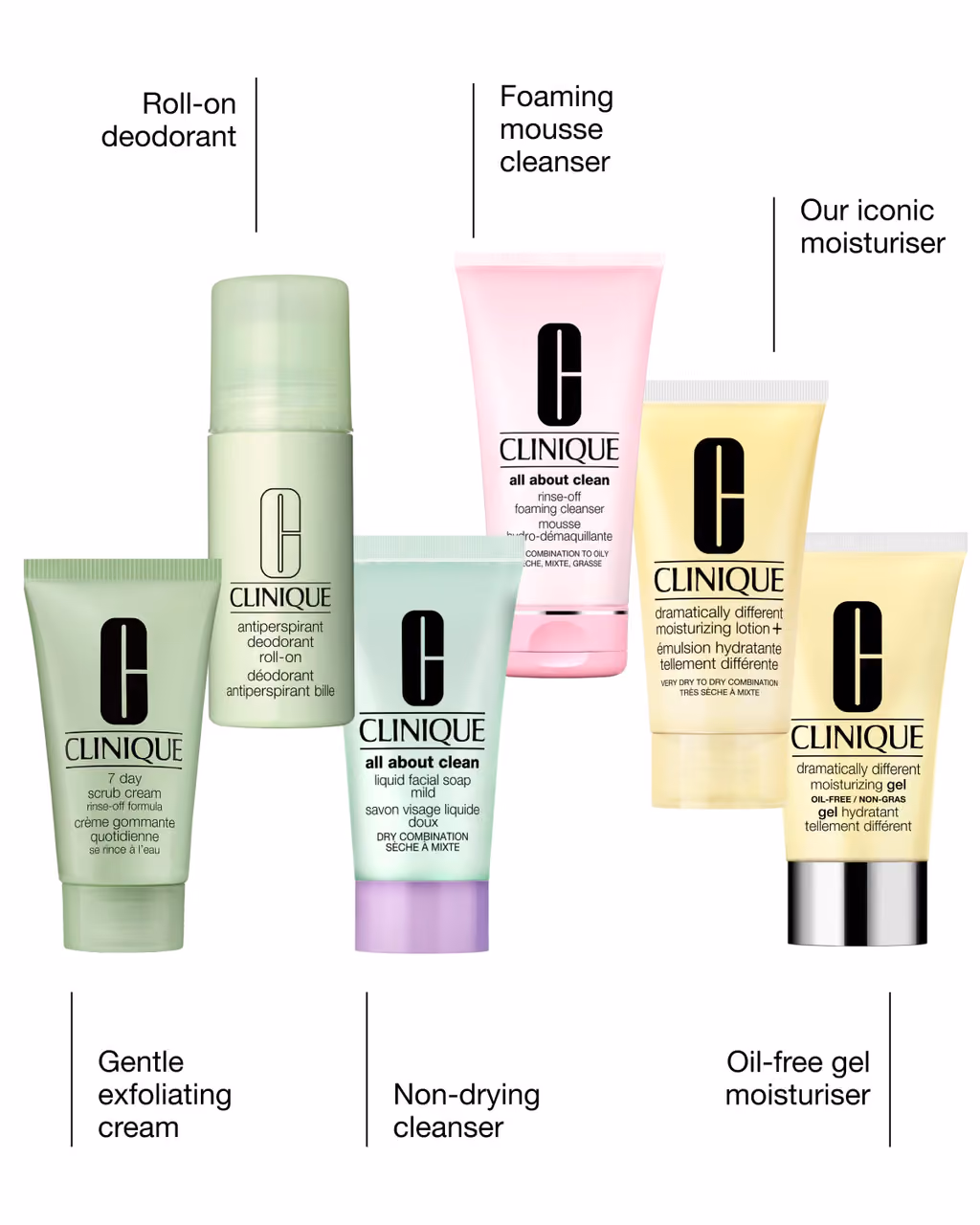 Six of the Clinique 2026 doors labelled: roll-on deodorant, foaming cleanser, moisturiser, scrub, facial soap and gel moisturiser