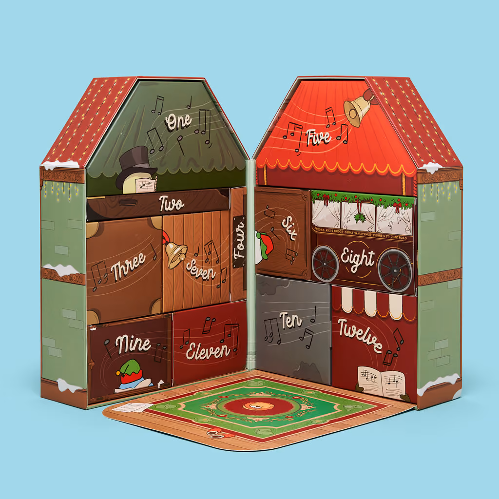 The house-shaped box open on its twelve numbered doors