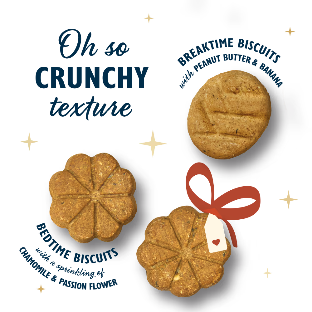 The round Breaktime biscuit and the flower-shaped Bedtime biscuits