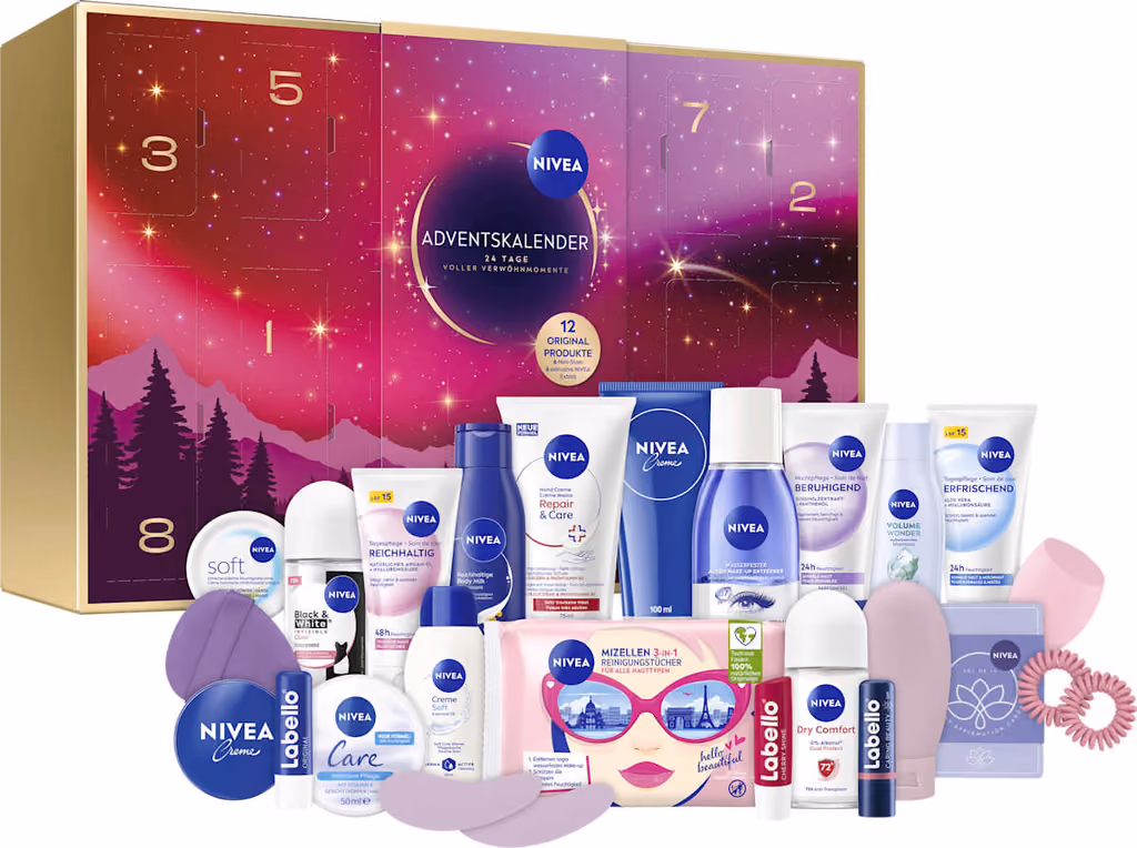 The Nivea 2026 box open with the 24 products stood in front of it