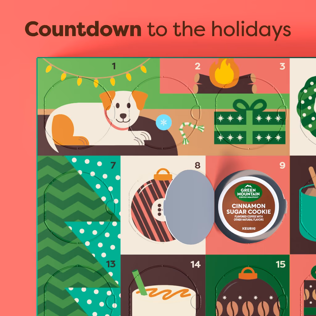 A door of the calendar opened on a Green Mountain Cinnamon Sugar Cookie pod