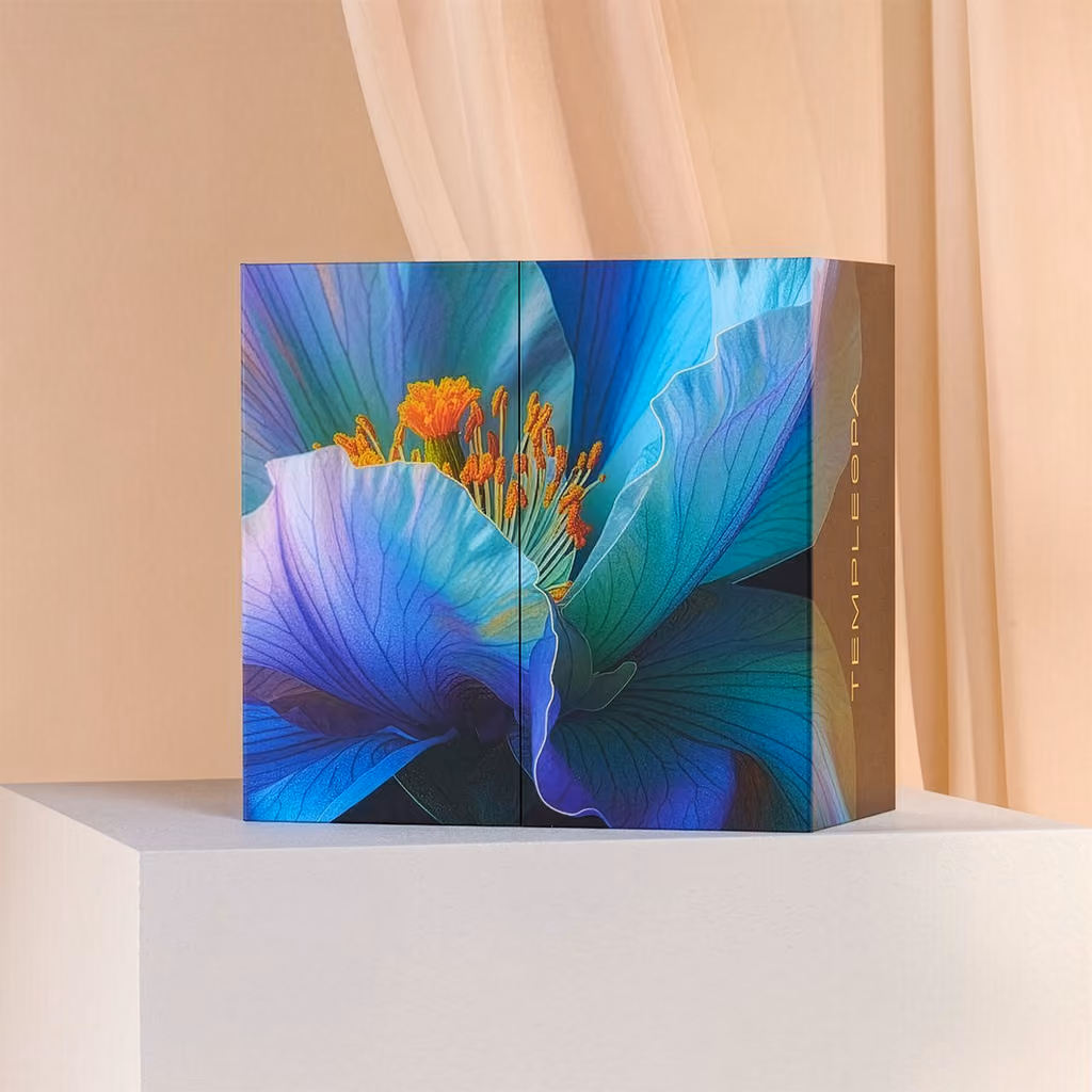 The Temple Spa 2026 box closed, printed with a blue flower