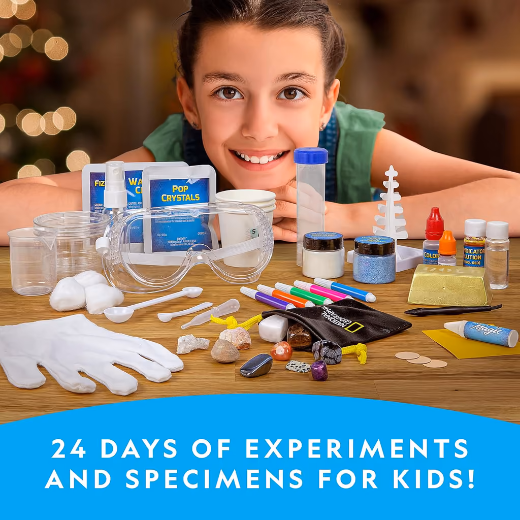 A child with the 24 experiments and specimens from the Mega Science calendar laid out on a table