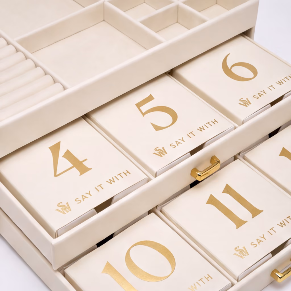 The numbered drawer compartments close up, 4, 5, 6, 10 and 11 in gold