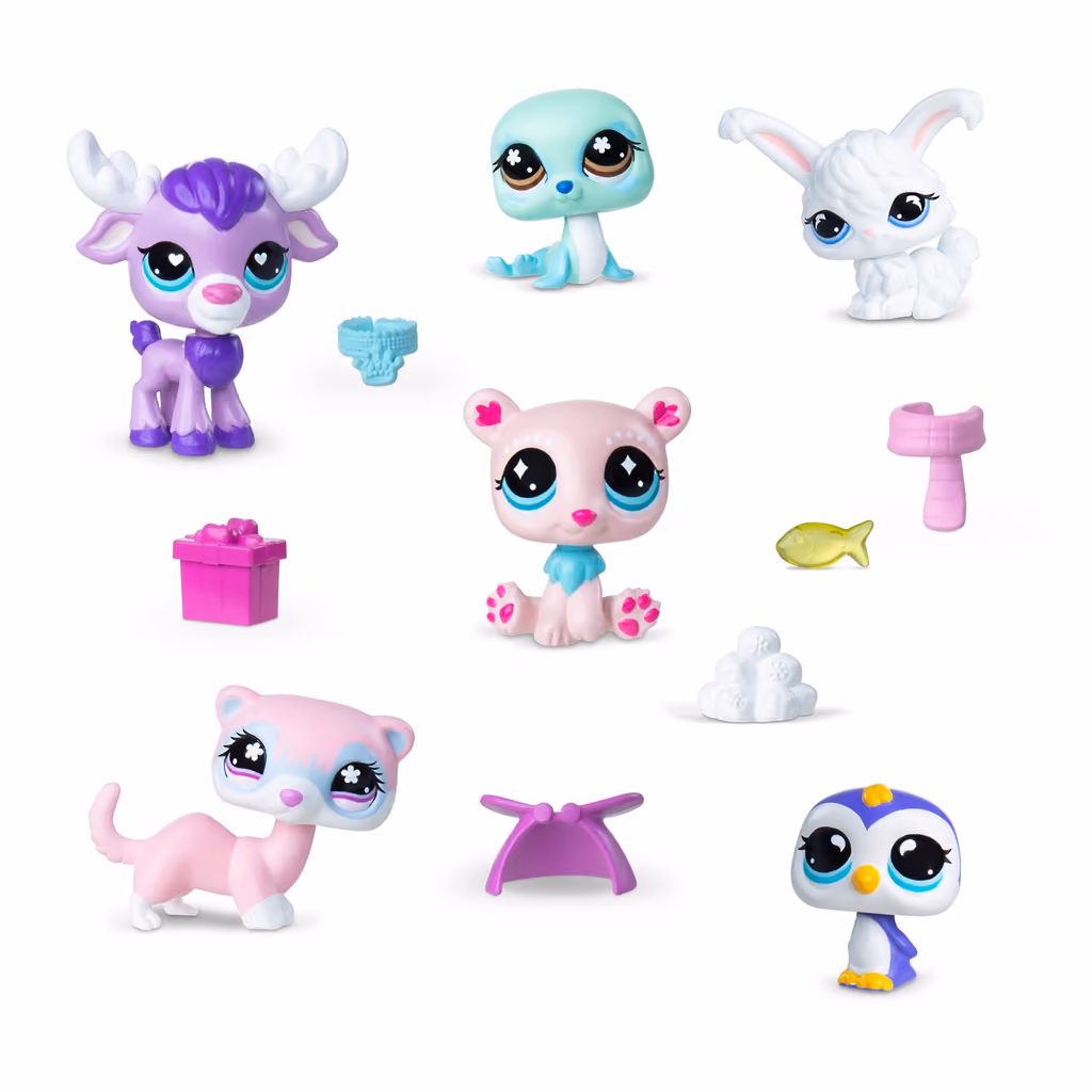 Six pastel pets and their small accessories on white