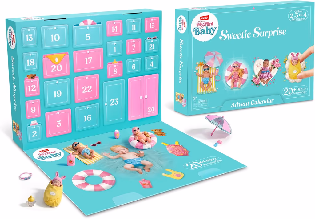 The calendar opened out, windows numbered in pink and turquoise, babies and accessories on the play mat