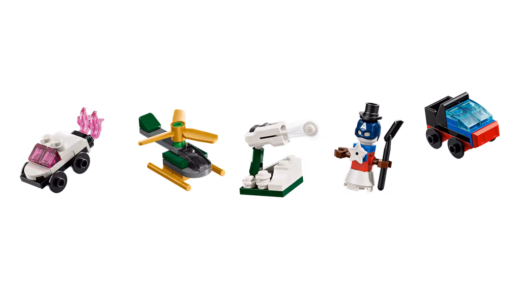The LEGO Marvel 2026 calendar opened out with the minifigures and builds on its snowy scene