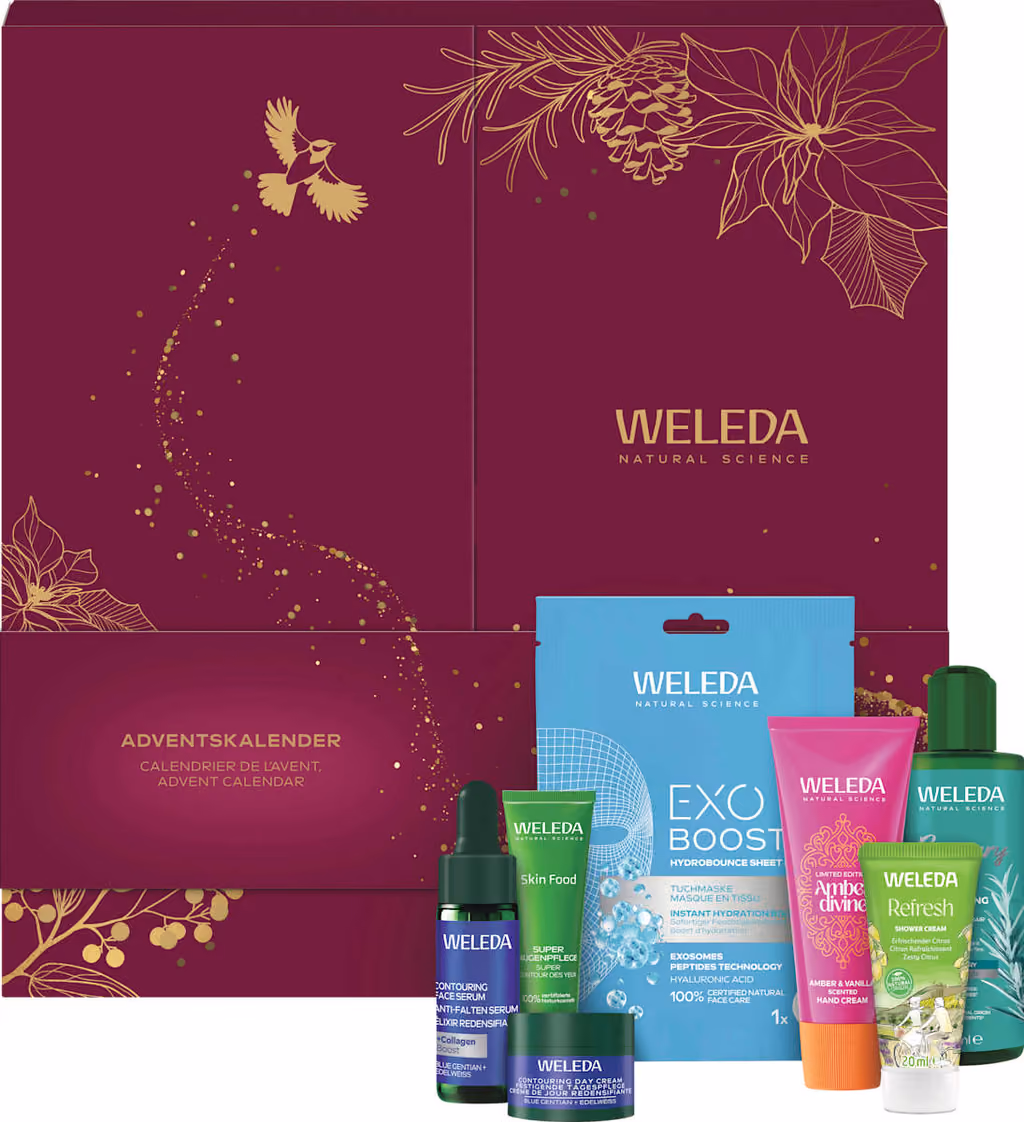 Weleda advent calendar 2026 with the products in front of the box