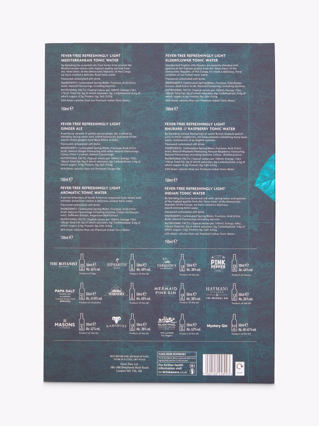 The back of the box listing the gins and mixers