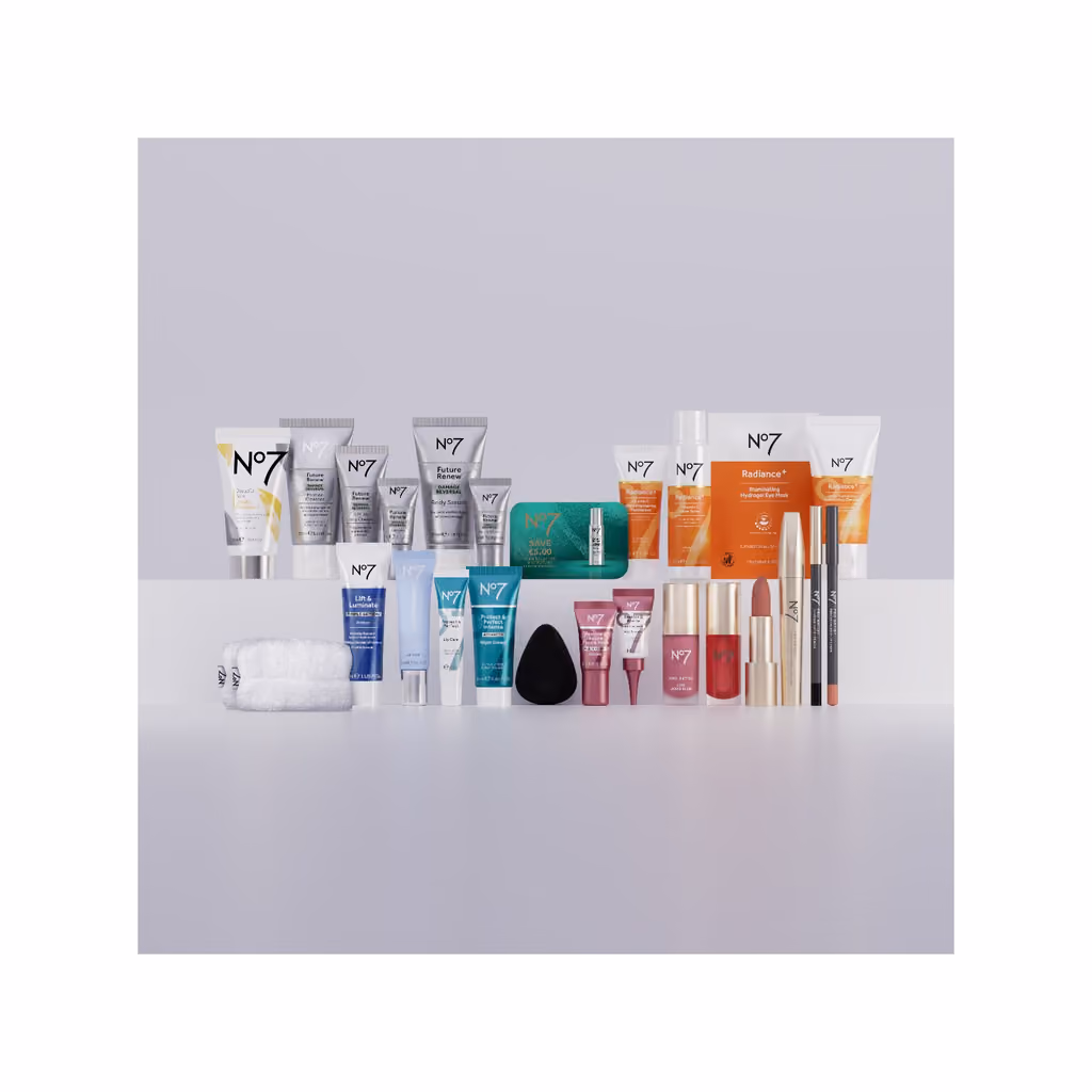 The products from the calendar lined up on grey