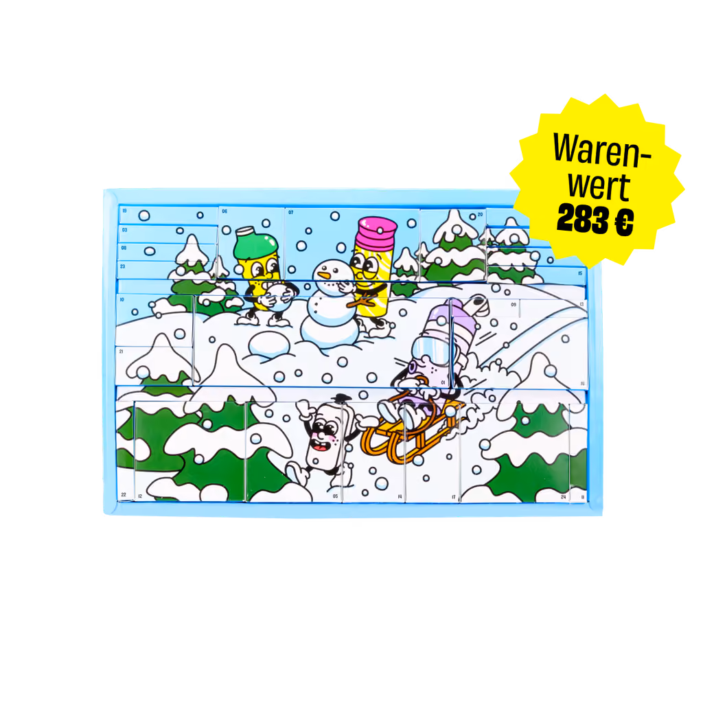 The drawer chest from the front, 24 numbered drawers in a snowy cartoon scene, with a Warenwert 283 EUR sticker
