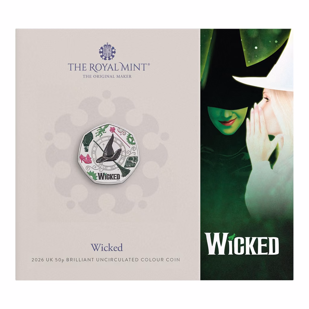 The Wicked 2026 UK 50p colour coin in its pack