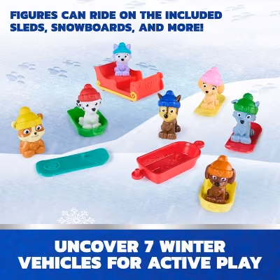 Pup figures riding sleds and snowboards