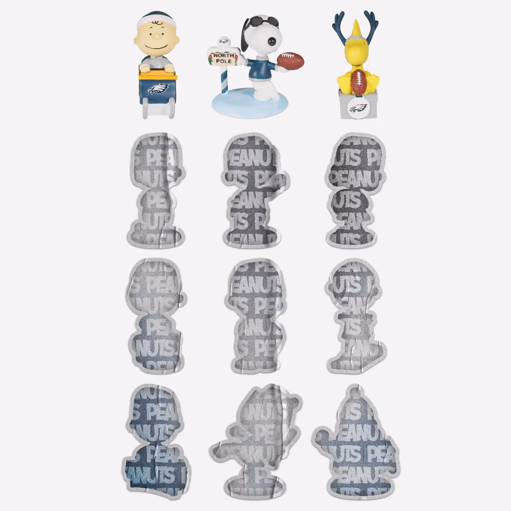 Charlie Brown, Joe Cool and Woodstock in Eagles colours above nine wrapped figures