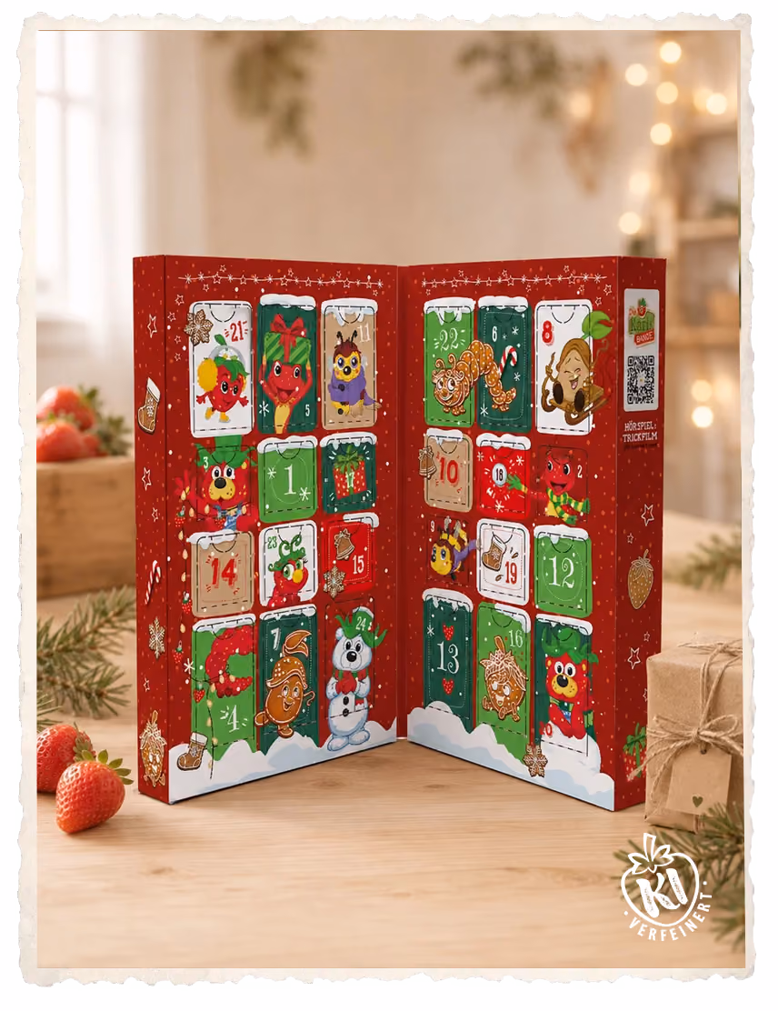 Karlsbande Adventszauber calendar opened out, showing the numbered doors with Karls Bande characters