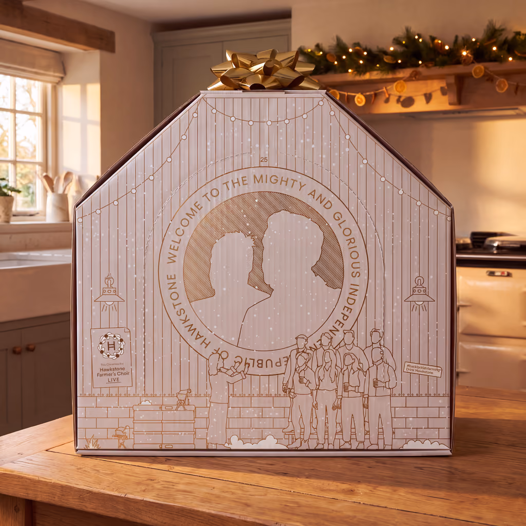 The back of the box, drawn as the brewery's welcome sign