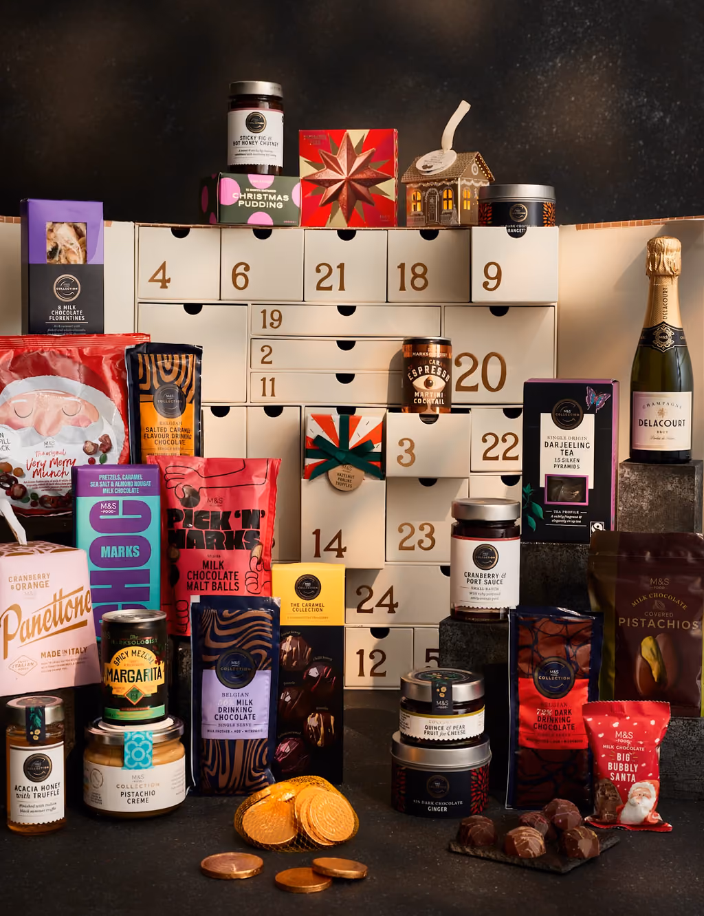 The M&S Foodhall calendar with its drawers open and the food stacked on top
