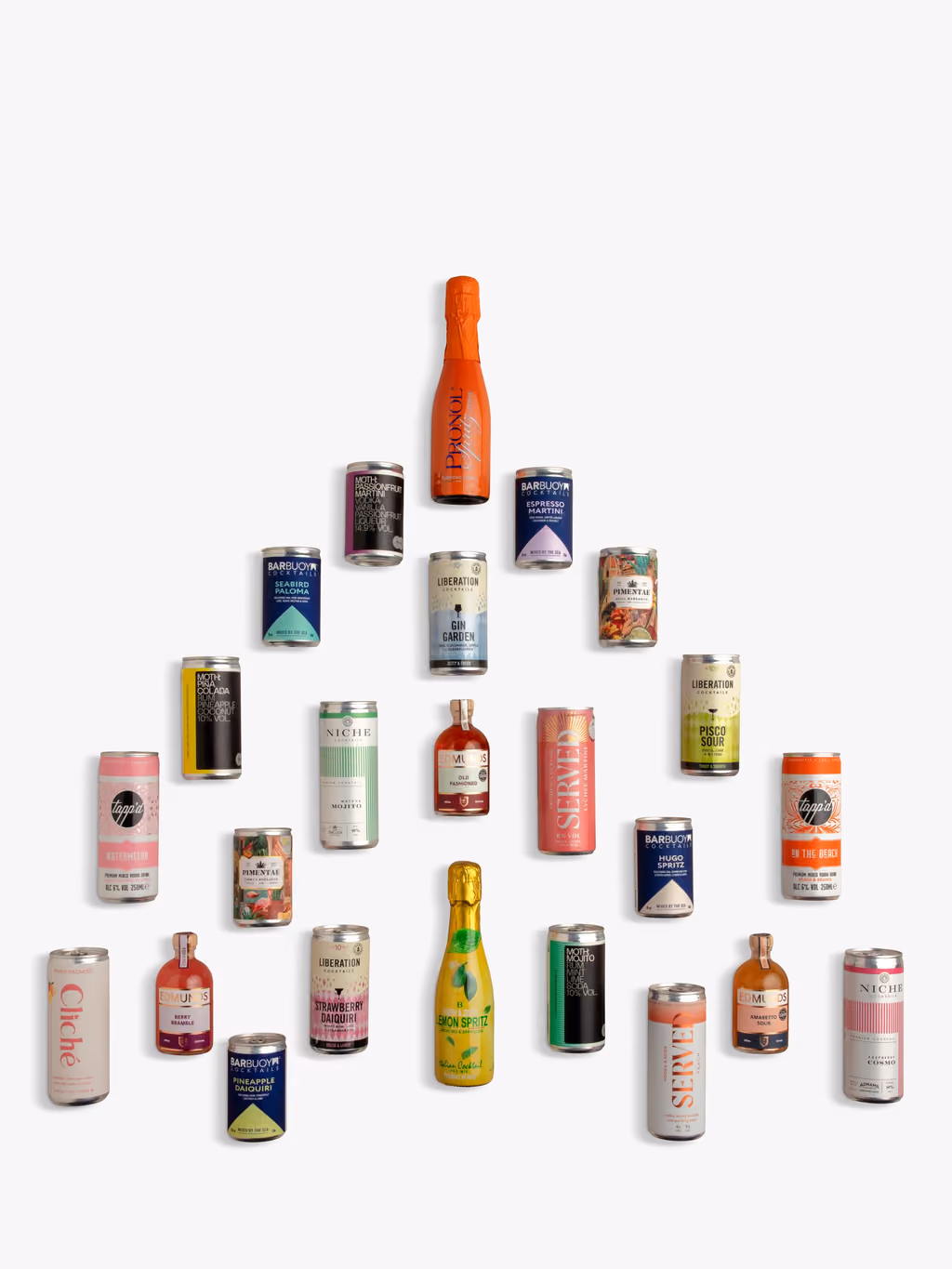 All 24 cans and bottles arranged in a Christmas tree shape