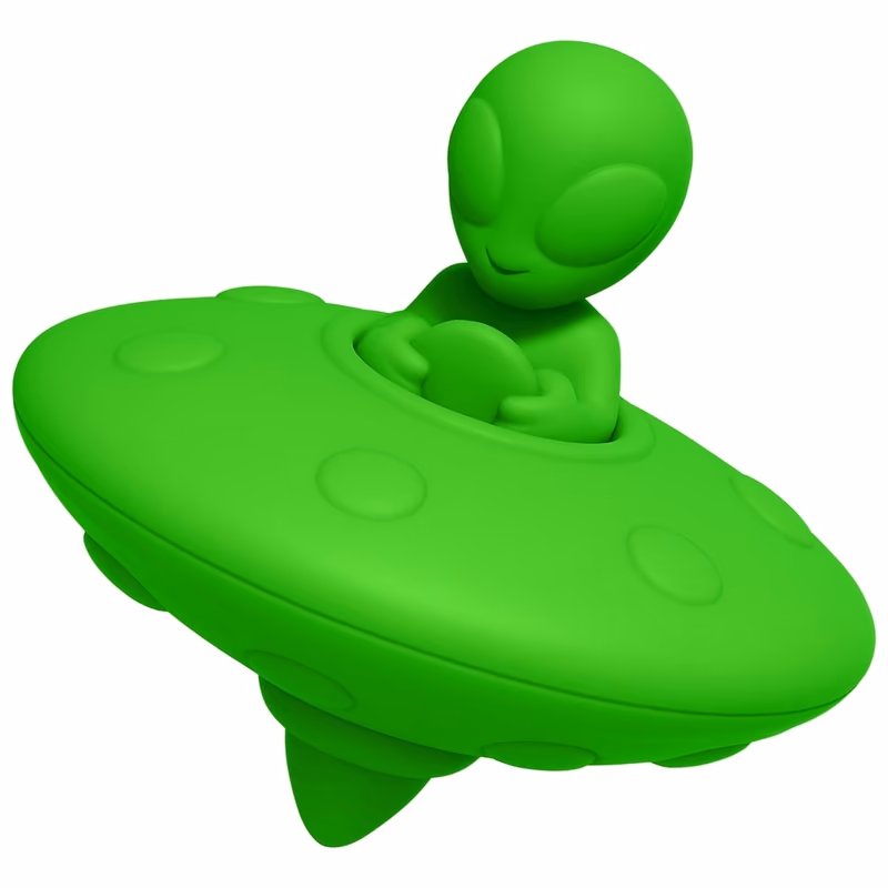 A green alien squishy sitting in a flying saucer