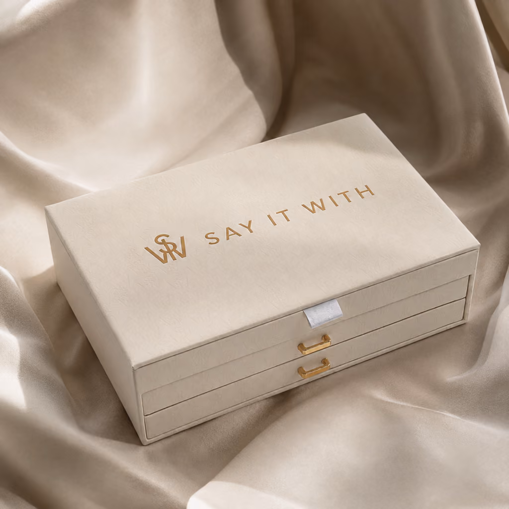 The closed box on champagne satin