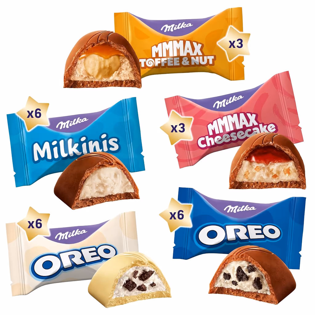 The count card on the back of the Milka Favourites calendar: five kinds of praline with the number of each