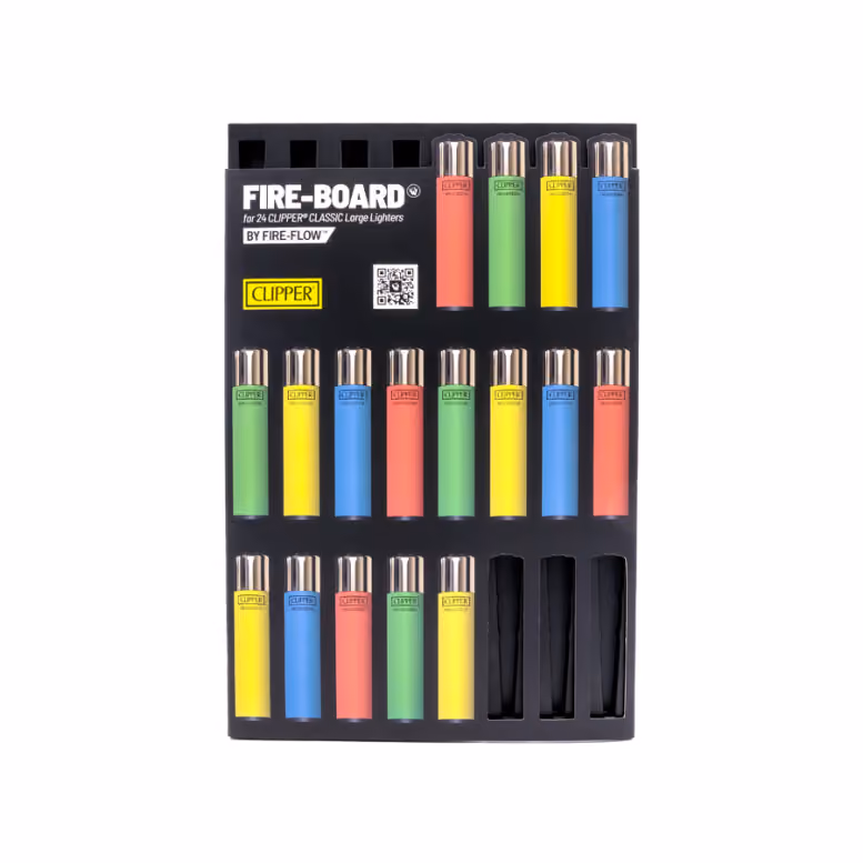 The black Fire-Board rack filled with rows of plain Clipper lighters